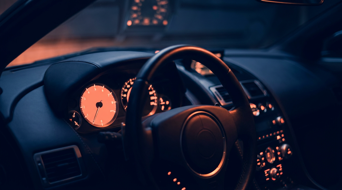 Cinematic night-time car dashboard glowing in warm amber light